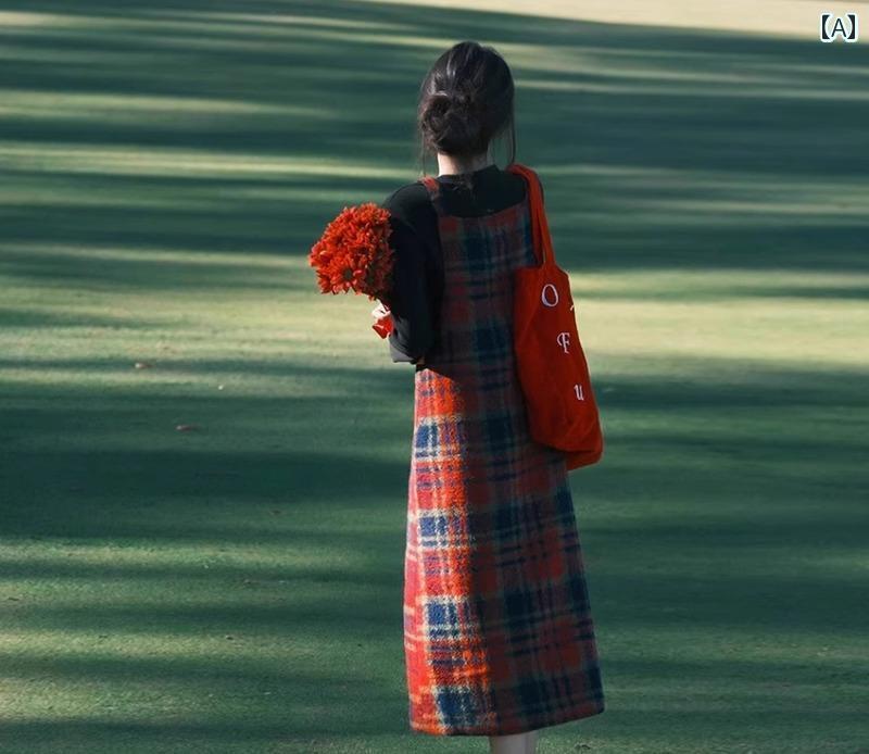 ジャンパースカート 大人 レディース 秋冬 ロング丈 ノースリーブ ワンピース 厚手 暖かい ゆったり 長袖 トップス 2点セット カジュアル おしゃれ チェッ...