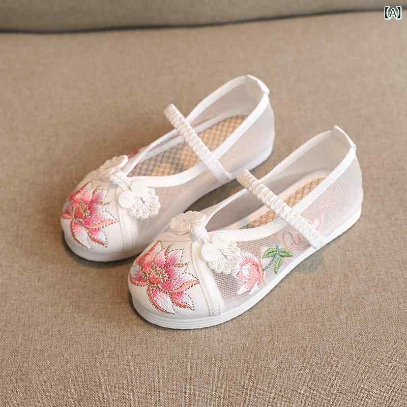 子供 靴 女の子 夏 キッズ 漢服 伝統 民族風 メッシュ 通気性 快適 レトロ フラット ストラップ シュー..