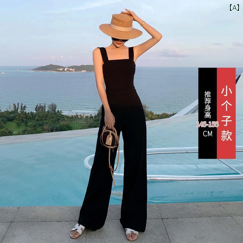 サロペット オールインワン パンツ レディース 夏 ロング丈 ワイド ストレート 大きめサイズ 薄手 ポケット スリム 細身 シンプル 無地 おしゃれ 黒