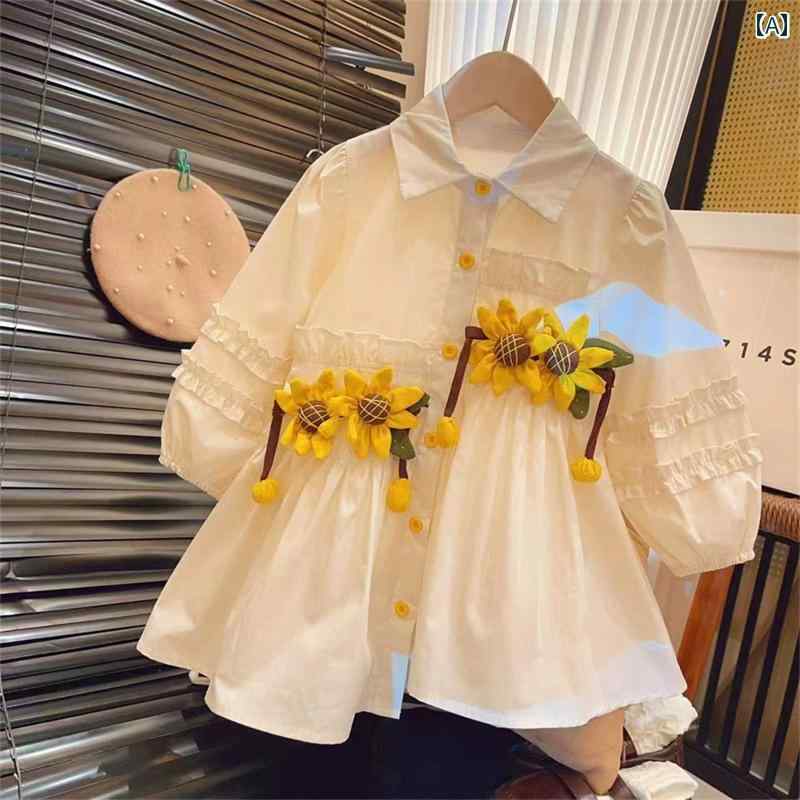 子供 ワンピース 韓国 春夏 女の子 キッズ ジュニア シャツ スカート 襟 長袖 シンプル カジュアル か..