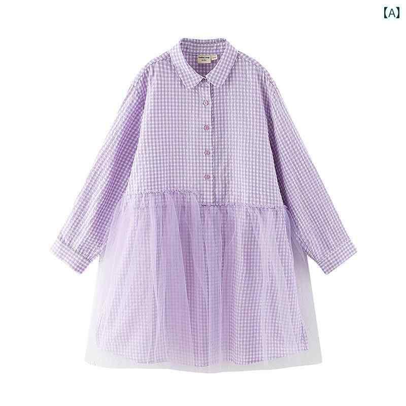 子供 ワンピース 春 女の子 キッズ 長袖 襟 シャツ スカート Aライン 膝上丈 チュール ふんわり シンプ..