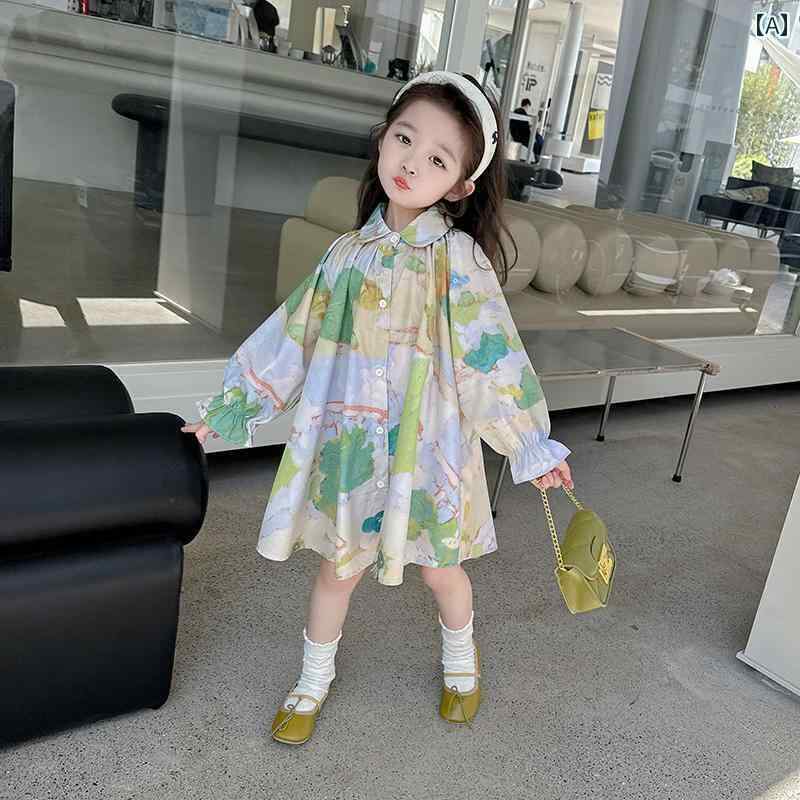 子供 ワンピース 女の子 キッズ 春秋 長袖 襟 シャツ スカート 膝上丈 油絵風 カラフル 鮮やか シンプル カジュアル 緑 ピンク