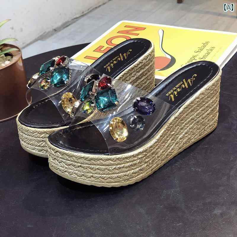 サンダル 厚 レディース クリア ヒール 韓国 ウェッジソール 夏 涼しい カラフルラインストーン 透明 PU 履きやい 黒 ベージュ おしゃれ