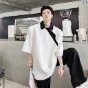tシャツ メンズ 韓国 トップス カットソー 半袖 肩パッド ワッフル生地 襟 アシンメトリー ゆったり ビッグシルエット カジュアル ユニーク 白 黒