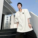 tシャツ メンズ 韓国 トップス カットソー 半袖 肩パッド ラウンドネック アシンメトリー ゆったり ビッグシルエット 無地 カジュアル ユニーク 白 黒