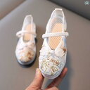 女の子 靴 中国風 チャイナ エスニック 刺繡 メッシュ シューズ キッズ 漢服 レトロ 夏 布 通気性 ゴムバンド ぺたんこ 滑りにくい 柔らかい ウサギ 花 リボン かわいい 白 ピンク