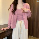 アンサンブル レディース 春 カーディガン キャミソール トップス インナー 2点セット 長袖 ニット 丈 ゆったり 柔らかい シンプル オフィス 黒 茶 アプ...