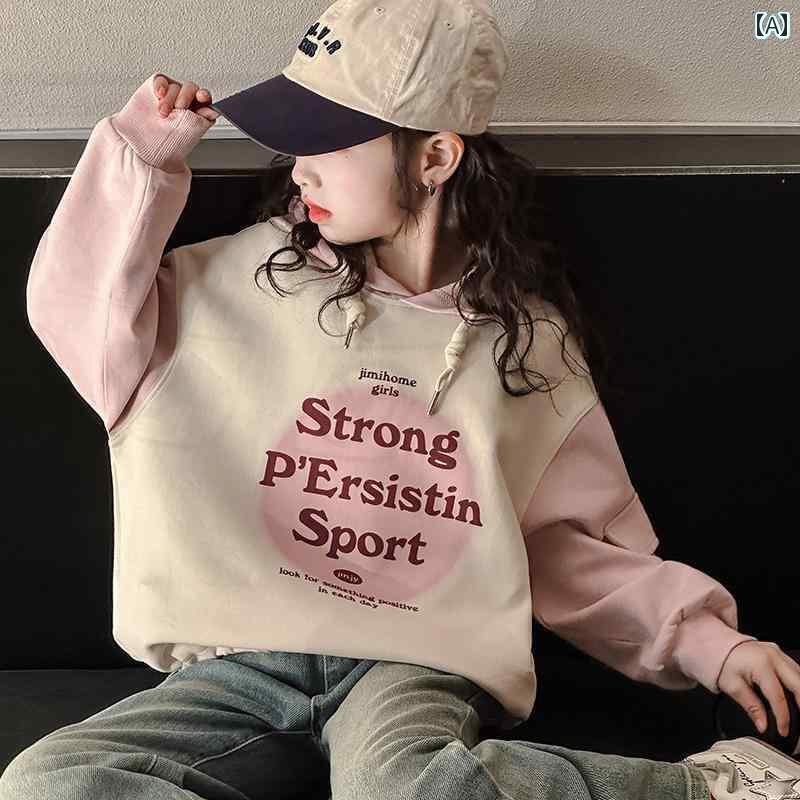 キッズ パーカー 女の子 韓国 トップス トレーナー フード プルオーバー 着やい 大きめサイズ ゆったり 春秋 カラーブロック ピンク かわいい