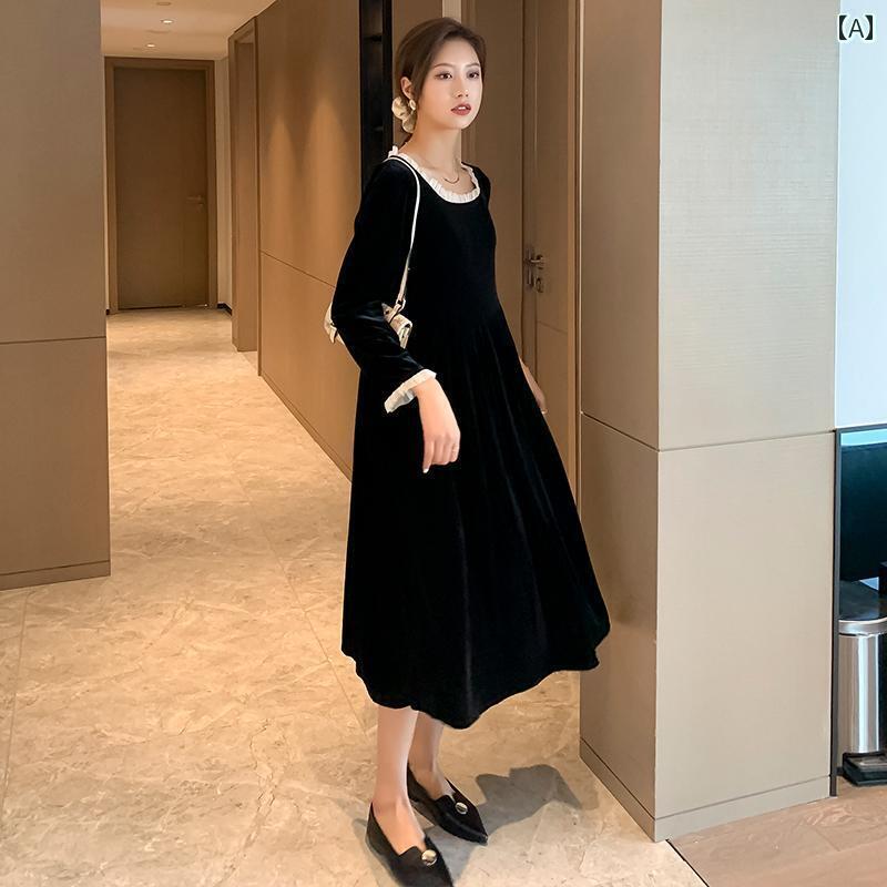 マタニティ ワンピース きれいめ 大きめサイズ Aライン 起毛 ミモレ丈 長袖 ラウンドネック チュール ..