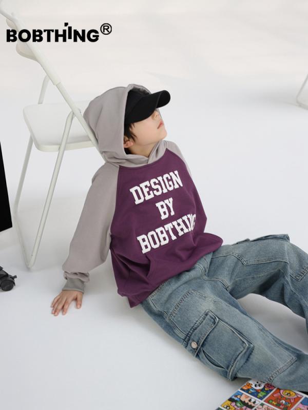 キッズ パーカー 男の子 おしゃれ フード スウェットシャツ 春秋 プルオーバー 大きめサイズ ゆったり ニット生地 紫 グレー ビック英文字 ロゴ カジュアル