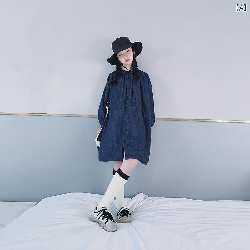 デニム ワンピース 長袖 女の子 子ども キッズ 春秋 Aラインスカート 膝上丈 韓国 コットン 大きめサイズ シングルブレスト ボタン シンプル 無地 おしゃれ バルーン袖 ノーカラー ポケット 紺