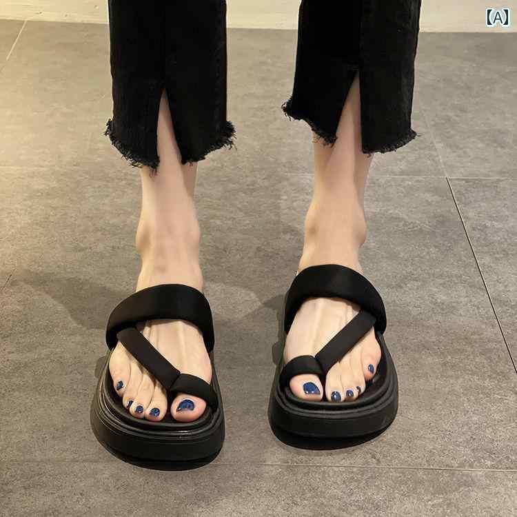 ビーチサンダル レディース トング 靴 春夏 ビーサン pu 韓国 厚 防水 フラット 海 屋外 リゾート シンプル かわいい 黒 茶 カーキ