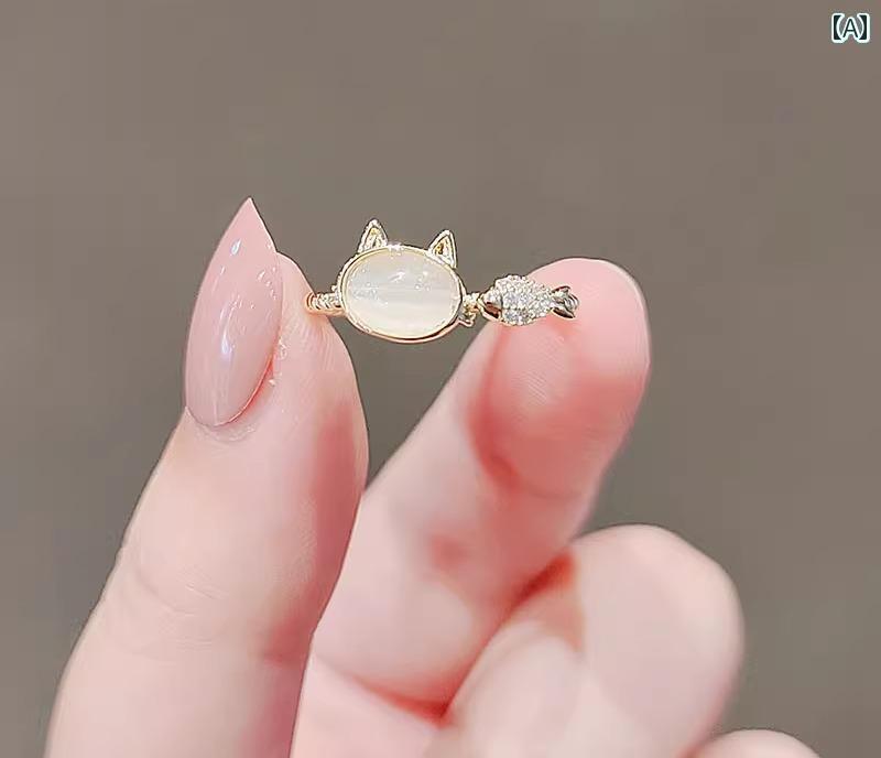 猫 リング 動物 モチーフ かわいい 韓国 ファッション アクセサリー 小物 猫 魚 ラインストーン 指輪 人差し指 サイズ 調整可能(4.0)