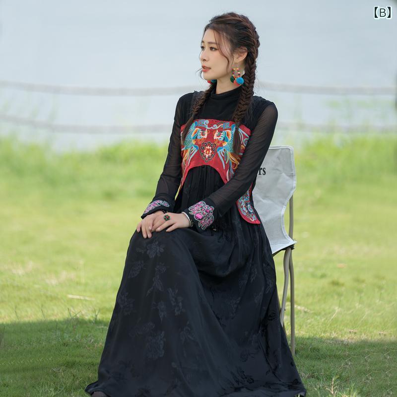 ワンピース 春 エスニック 刺繍 エレガント サテン ジャカード ショルダーストラップ 調節可能 スリム レディース 大きめサイズ マキシ丈 黒 赤