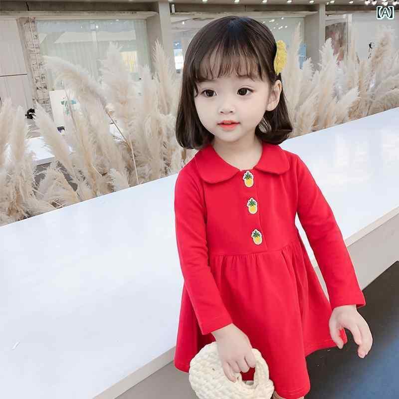 ワンピース キッズ 春秋 女の子 子供服 ベビー 襟 長袖 膝上丈 通園 カジュアル Aライン かわいい シンプル 赤 黄 ピンク