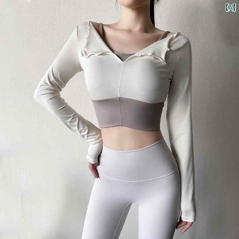 フィットネス ウェア レディース ヨガ トップス 長袖 重ね着風 カップ 春秋 タイト 吸湿 速乾 通気性 スリム 白 緑 オレンジ おしゃれ