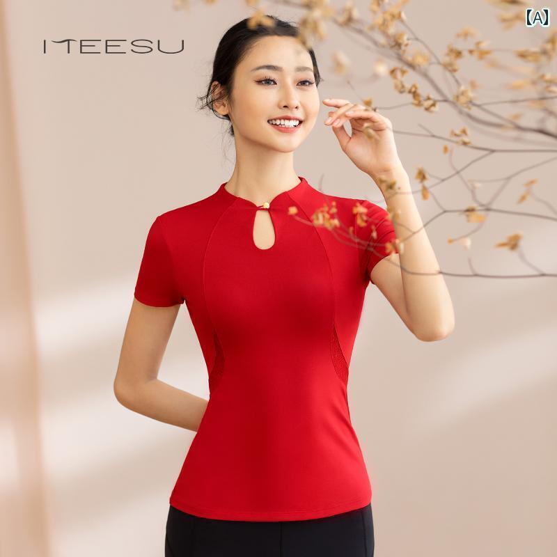 フィットネスウェア レディース 半袖 カップ 春夏 チャイナ風 ヨガ スポーツ トップス Tシャツ タイト 通気性 ナイロン 赤 黒 緑