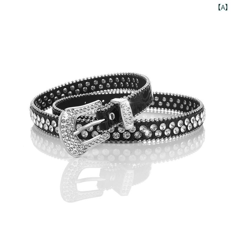 ベルト レディース おしゃれ キラキラ ラインストーン エレガント ヒップホップ パンク サブカルチャー メタル ロック アクセサリー 飾り 細 ブラック ホワイト レッド