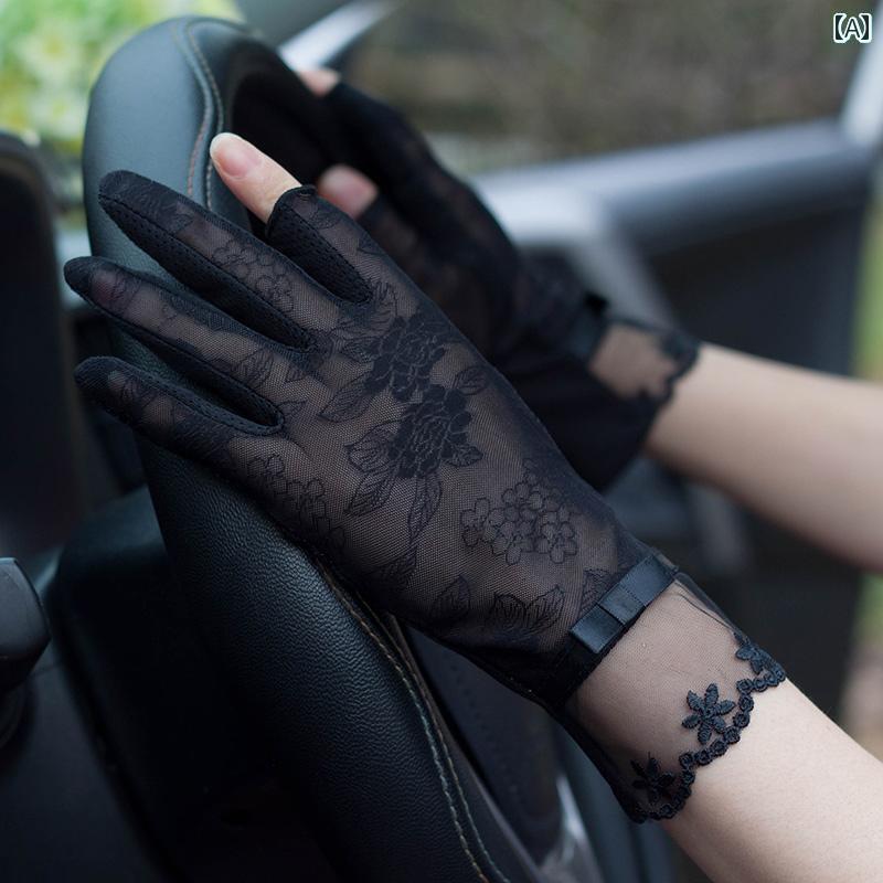 手袋 レディース 春夏 日焼け防止 ストレッチ性 涼しい 滑りにくい アームカバー 指し 運転 レース 花..