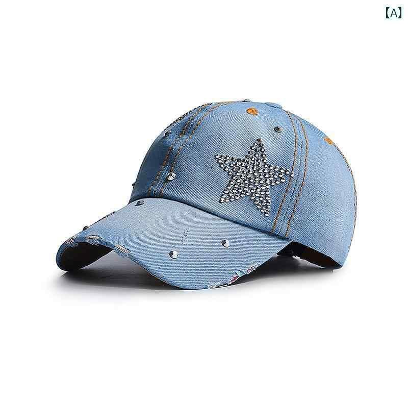 キャップ レディース おしゃれ 韓国 春夏 日除け 帽子 つば長め キラキラ ラインストーン ストリート カジュアル スタイリッシュ デニム 星(4)