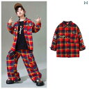ダンス衣装 セットアップ 子供 ヒップホップ ジャズ 練習服 パフォーマンス 女の子 男の子 大きめサイズ ストリート ユニセックス チェック 長袖 シングルブレスト 赤 黒インナー ベスト
