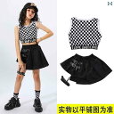 ダンス衣装 セットアップ 女の子 ジャズ 子供 ストリート クール かっこいい 大きめサイズ ヒップホップ チェック 文字 プリント タンクトップ スカート 黒