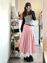 スカート 春 レディース かわいい カジュアル 旅行 アウトドア レトロ ハイウエスト プリーツ ロング丈 aライン 着痩せ チェック ピンク(4)