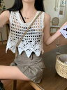 トップス レディース ボヘミアン 網 ニット タンクトップ 夏 韓国 ノースリーブ ショート レース エスニック カジュアル おしゃれ 白