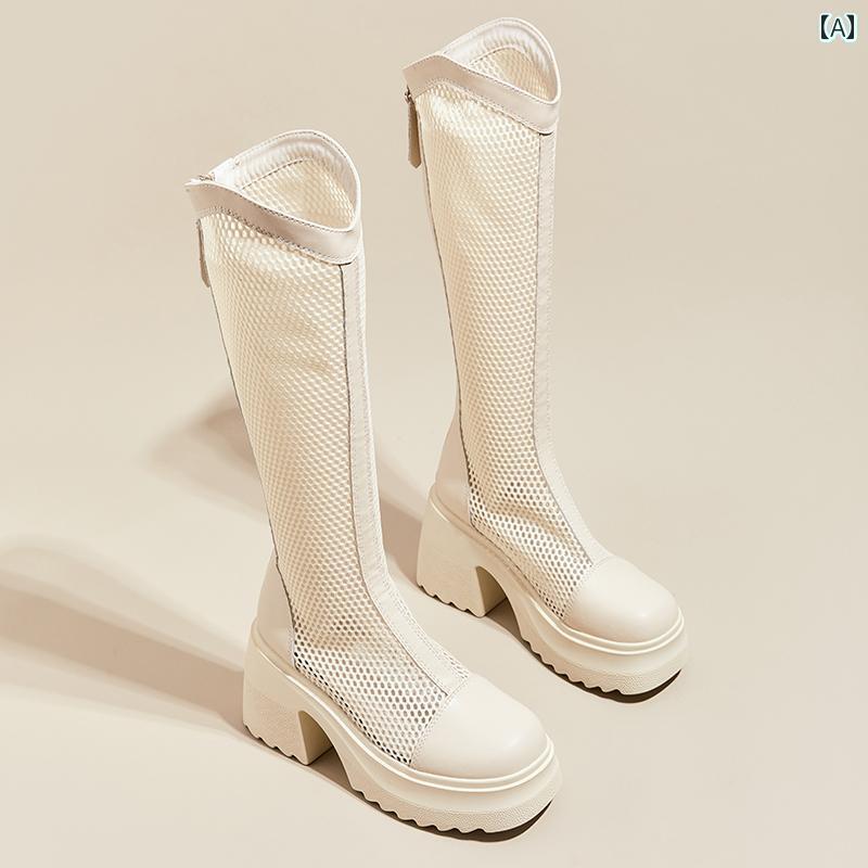 夏 ブーツ メッシュ レディース 牛革 ロング 厚 10cm チャンキーヒール ラウンドトゥ ジップアップ 滑..