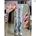 ジーンズ ダメージ レディース リッピング デニム ストリート ストレート カジュアル パンツ ハイウエスト 春秋 ロング ヴィンテージ風風 青