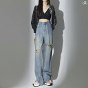ジーンズ ダメージ レディース デニム リップド ワイドレッグ 夏 ハイウエスト ウォッシュド ストレート ロング パンツ 薄手 ゆったり 青
