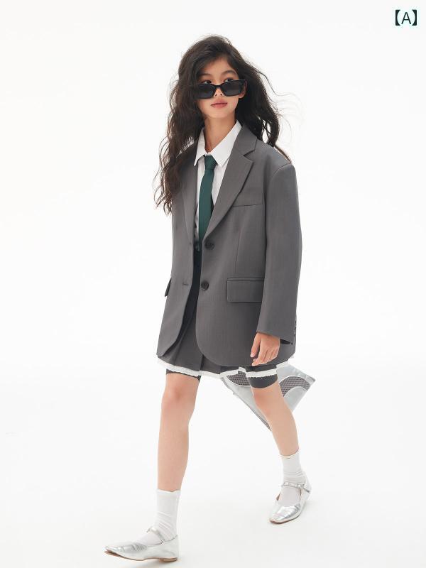 女の子 キッズ プリーツスカート 韓国 ハイウエスト 春 大きめサイズ ゆったり ジャケット 長袖 ピンク グレー シンプル 無地 カジュアル