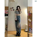 ジーンズ ダメージ レディース デニム ハイウエスト ストレート リップド 大きめサイズ ワイドレッグ パンツ ロング 春夏 秋冬 穴あき 脚長 青(4)