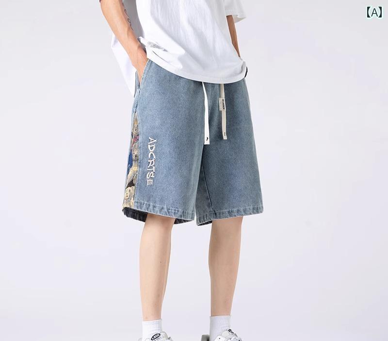 ハーフパンツ メンズ デニム 夏 ヴィンテージ風風 ボトムス 半ズボン 短パン 五分丈 薄手 ウエストゴム 大きめサイズ ゆったり 刺繍 シンプル カジュアル スタイリッシュ 青 黒 クマ柄