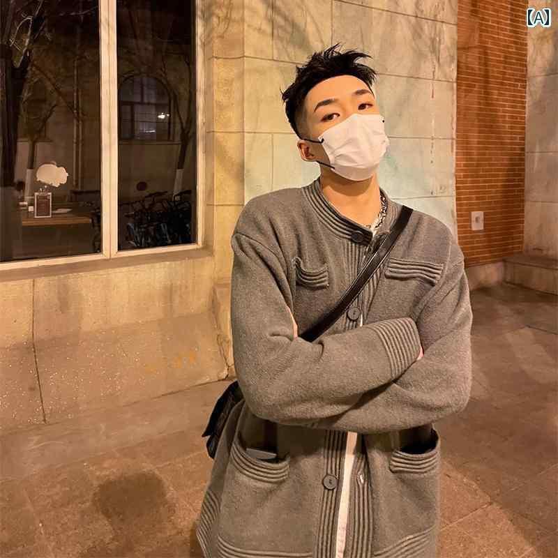 ジャケット ノーカラー メンズ ボタン 春秋 カジュアル ニット カーディガン 大きめサイズ コットン 長袖 ゆったり アウター おしゃれ 黒 緑 グレー