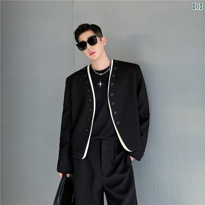 ジャケット ノーカラー 春 メンズ ボタン コントラスト 韓国 襟し Vネック 長袖 ゆったり アウター おしゃれ カフス袖 アプリコット 黒