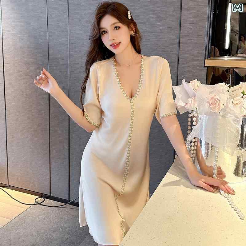 ネグリジェ ワンピース レディース 半袖 薄手 涼しい 春夏 Vネック 通気性 快適 レース パジャマ ホームウェア シンプル おしゃれ ピンク 紫 赤 大きめサイズ