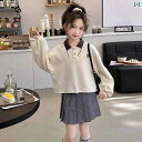 女の子 キッズ プリーツスカート 春秋 長袖 大きめサイズ ゆったり 上下セット トップス ボタン くま 刺繡 グレー シンプル 無地 おしゃれ