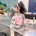 セットアップ 女の子 キッズ プリーツスカート 韓国 春秋 トップス ボタン ウエストゴム 履きやい 大きめサイズ ピンク グレー うさぎ かわいい