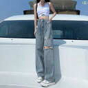 ダメージジーンズ レディース 春夏 おしゃれ カジュアル アウトドア デニム ハイウエスト ポケット ボタン ウォッシュド ロング ワイドレッグ コットン 青