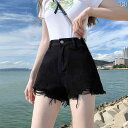 ダメージ デニム ショートパンツ レディース 夏 ボトムス 短パン カットオフ ジーンズ 薄手 ハイウエスト 大きめサイズ スリム シンプル カジュアル 黒 白