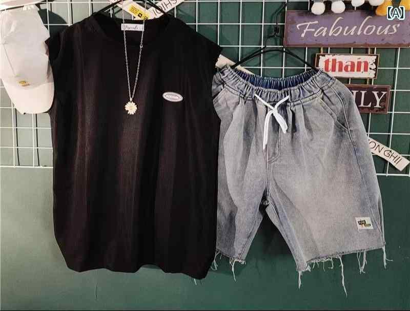 メンズ ハーフパンツ デニム 夏 ウエストゴム 履きやい ゆったり 大きめサイズ 上下セット ノースリーブ トップス カジュアル 黒 白 グレー