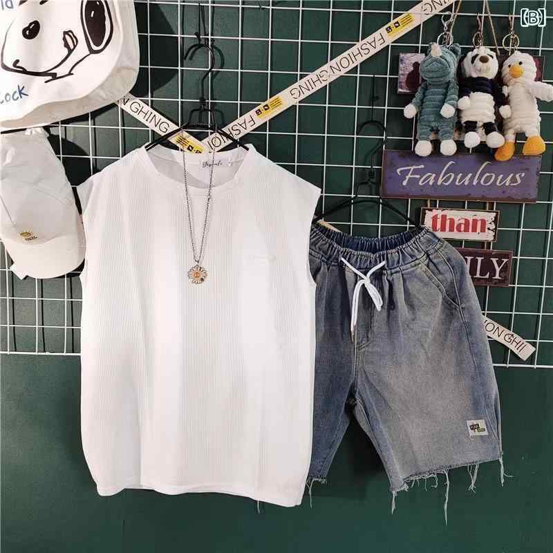 メンズ ハーフパンツ デニム 夏 ウエストゴム 履きやい ゆったり 大きめサイズ 上下セット ノースリーブ トップス カジュアル 黒 白 グレー