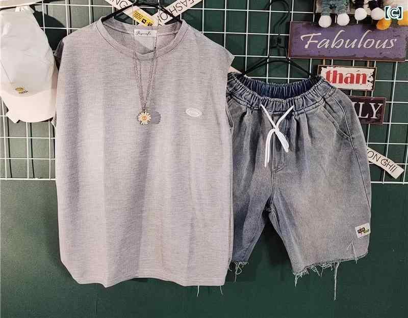 メンズ ハーフパンツ デニム 夏 ウエストゴム 履きやい ゆったり 大きめサイズ 上下セット ノースリーブ トップス カジュアル 黒 白 グレー
