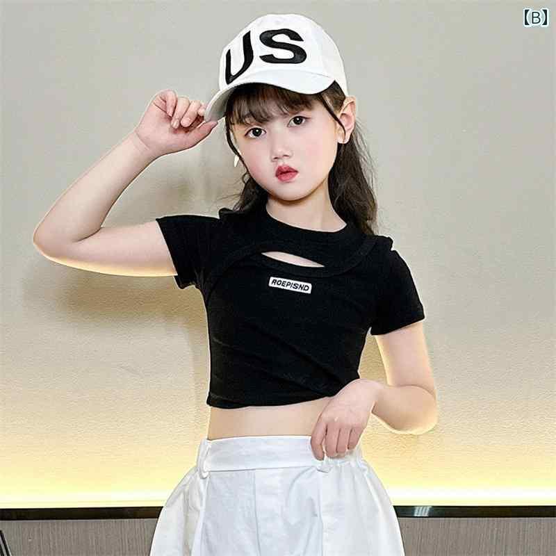 へそ出し トップス キッズ 女の子 半袖 Tシャツ パンツ 夏 ショート ラウンドネック クロップド バルーン アシンメトリー 韓国 ダンス ヒップホップ ストリート パフォーマンス 衣装 練習 おしゃれ カジュアル ホワイト ブラック ブラウン