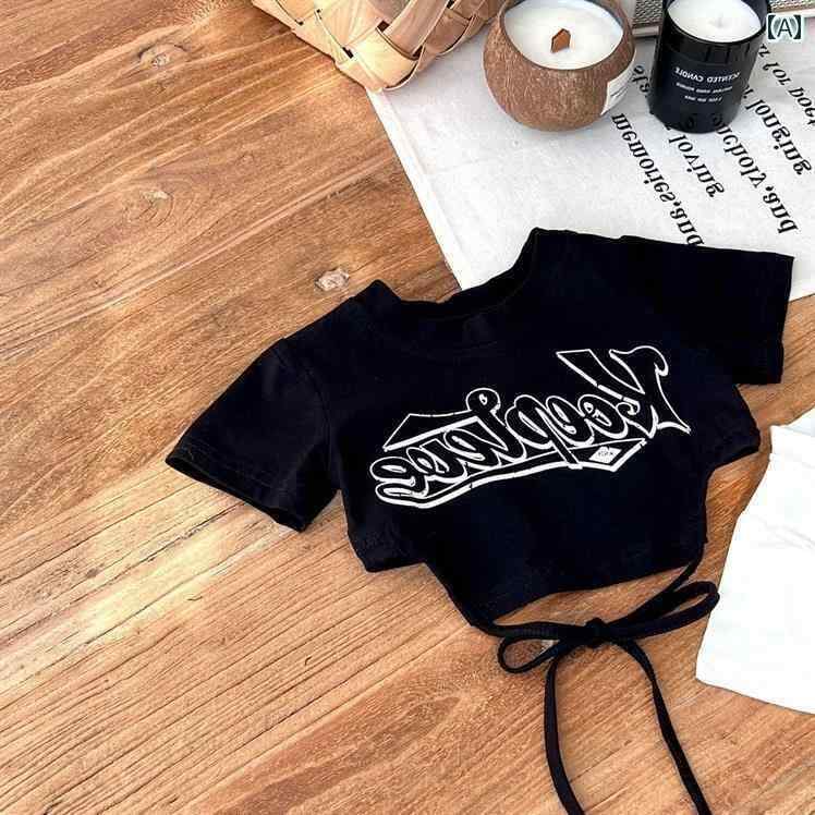 T-Shirts （Half Sleeves） - へそ出し トップス キッズ ベビー 女の子 半袖 Tシャツ 夏 ショート 五分袖 ラウンドネック クロップド コットン 速乾 ダンス ヒップホップ ジャズ ストリート パフォーマンス 衣装 練習 おしゃれ カジュアル プリント ホワイト ブラック
