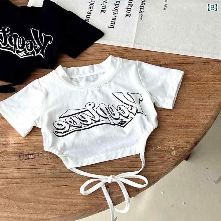 へそ出し トップス キッズ ベビー 女の子 半袖 Tシャツ 夏 ショート 五分袖 ラウンドネック クロップド コットン 速乾 ダンス ヒップホップ ジャズ ストリート パフォーマンス 衣装 練習 おしゃれ カジュアル プリント ホワイト ブラック