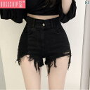 デニム ショートパンツ レディース ヴィンテージ風風 アシンメトリー 夏 スリム ハイウエスト ポケット ピンク 青 黒 カジュアル おしゃれ