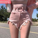 デニム ショートパンツ レディース 夏 韓国 ダメージ スリム ハイウエスト ポケット セクシー ピンク 黒 白 カジュアル 無地 シンプル