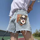 デニム ショートパンツ レディース ダメージ 夏 ハイウエスト 大きめサイズ ゆったり 履きやい ポケット カジュアル おしゃれ バックプリント 青